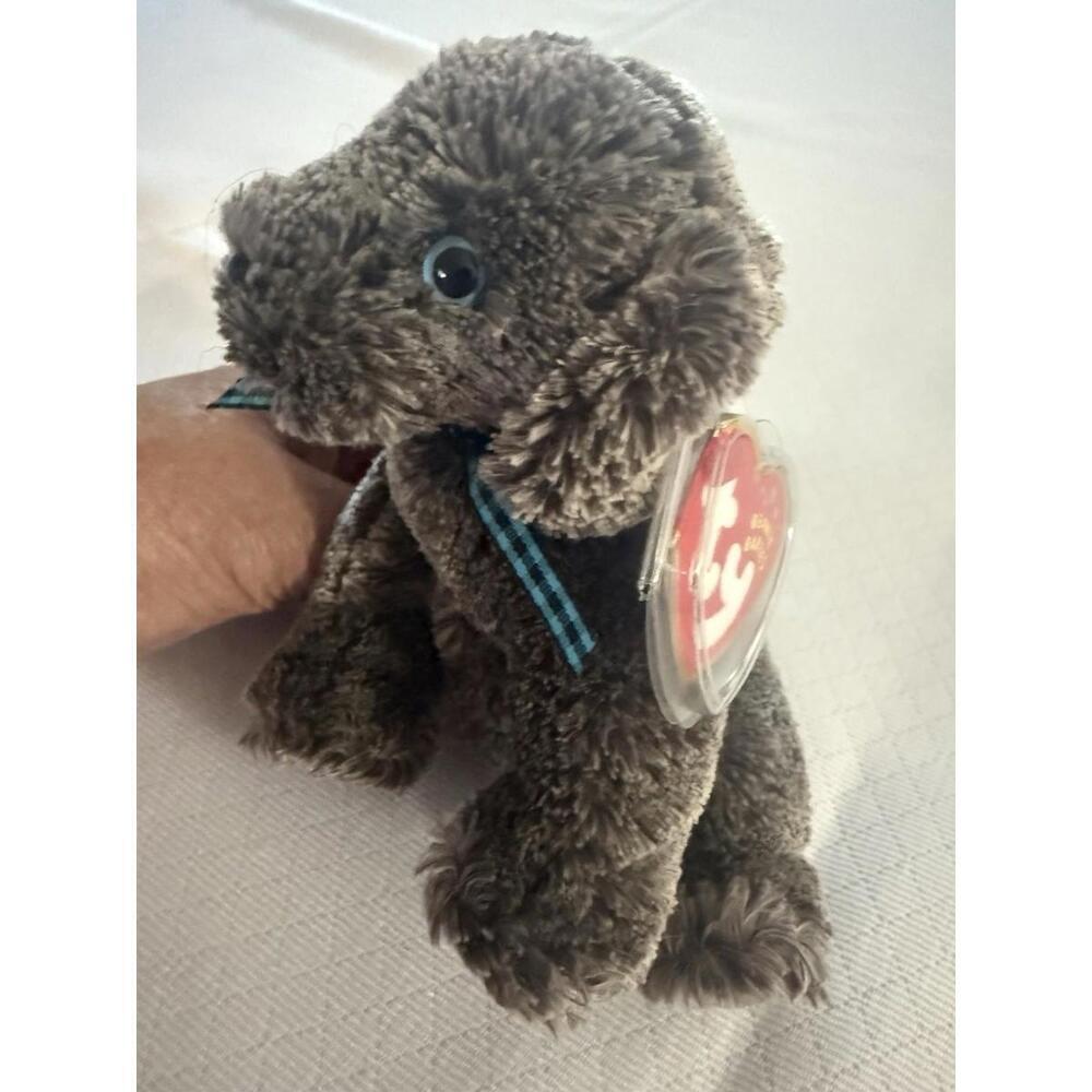 TY Beanie Baby Frisbee 2001 Gray Dog With Covered Tag Plush Toy. New.